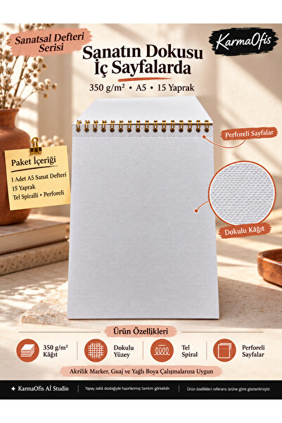 KarmaOfis A5 Mixed Media Resim Defteri 350 gr 15 Yaprak Spiralli Perforeli | Akrilik Marker | Guaj Boya | Yağlı Boya 1 Adet