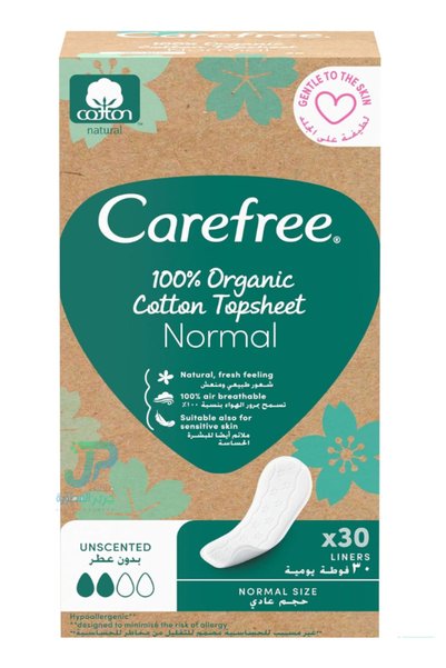 Carefree فوط صحية نسائية 100% قطن عضوي، بدون عطور، حجم عادي، قابلة للتنفس بنس...