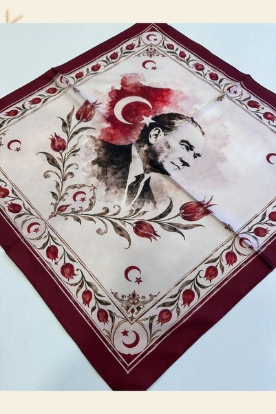 KB Bursa İpek Turkish Flag and Atatürk Printed Bandana Scarf 50X50 cm
