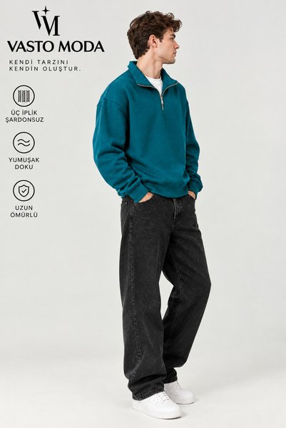 Vasto Moda Erkek Oversize Kalın Dokulu 3 İplik Şardonsuz Kaşkorse Bisiklet Yakalı Basic Yarım Fermuarlı Sweatshirt