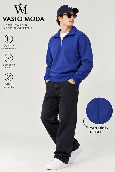 Vasto Moda Erkek Oversize Kalın Dokulu 3 İplik Şardonsuz Kaşkorse Bisiklet Yakalı Basic Yarım Fermuarlı Sweatshirt
