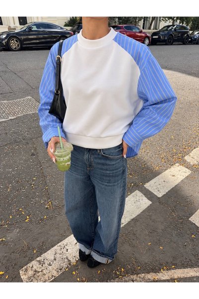 Klein Poplin Gömlek Detaylı Beyaz Tasarım Sweatshirt