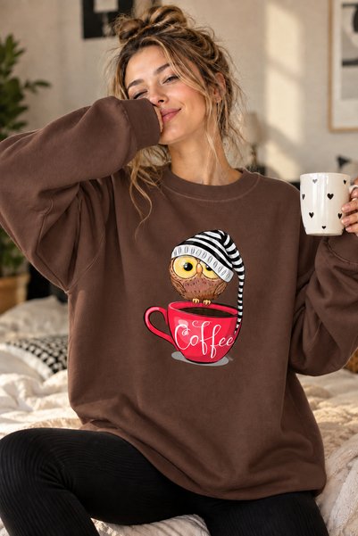 ArtYus Cute Owl Printed Unisex Oversize Sweatshirt with Coffee Cup – Crew Nec...