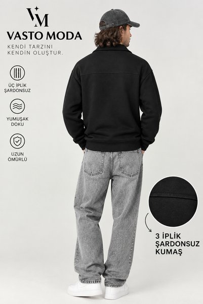 Vasto Moda Erkek Oversize Kalın Dokulu 3 İplik Şardonsuz Kaşkorse Bisiklet Yakalı Basic Yarım Fermuarlı Sweatshirt