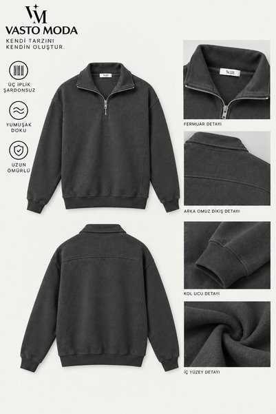 Vasto Moda Erkek Oversize Kalın Dokulu 3 İplik Şardonsuz Kaşkorse Bisiklet Yakalı Basic Yarım Fermuarlı Sweatshirt