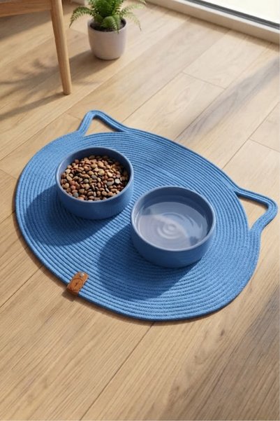 Reyo Pet Handmade Cat Ear Scratching Mat, Cat and Dog Food Mat 100% Cotton Blue