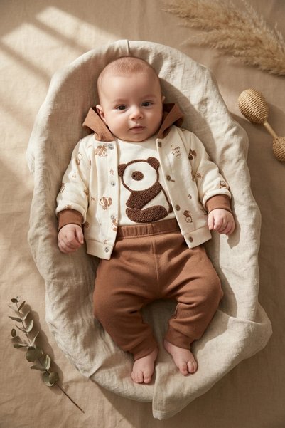 Babyim 3-Piece Panda Embroidered Cotton Baby Set - Hooded Cardigan, Bodysuit ...