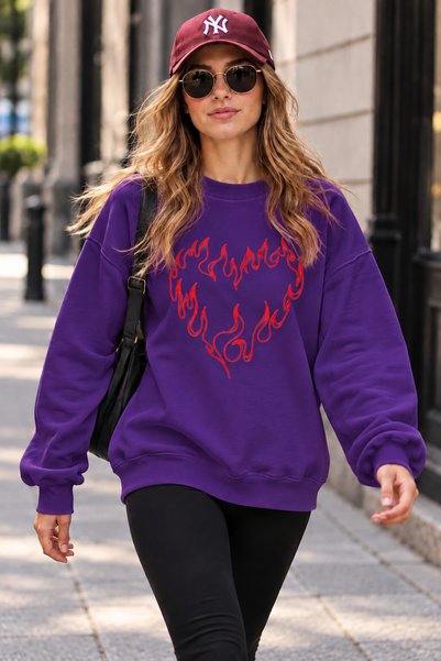 ArtYus Flame Heart Printed Unisex Oversize Sweatshirt – Crew Neck Casual Swea...