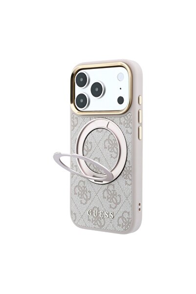 Guess iPhone 18 Pro Max Case Licensed M-Safe 4g Patterned 360 Stand Classic Lettering Logo Cover Pink