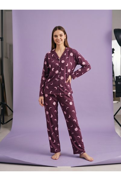 Genel Markalar Kadın Pamuklu Uzun Kollu Pijama Takımı Rahat Kesim Ev Giyim