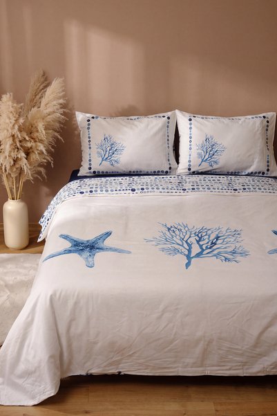 Rivaİstanbul Star Navy Blue 100% Cotton Double Duvet Cover Set - 4 Pieces