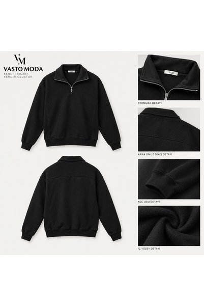 Vasto Moda Erkek Oversize Kalın Dokulu 3 İplik Şardonsuz Kaşkorse Bisiklet Yakalı Basic Yarım Fermuarlı Sweatshirt
