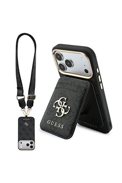 Guess iPhone 18 Pro Licensed 4g and Text Logo Case & Card Holder & Strap Lanyard 3in1 Accessory Set Black