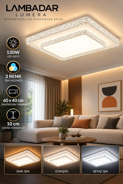 Lambadar Velora 130W 3 Renk LED Dikdörtgen Plafonyer Avize 60x40 cm Beyaz Kri...