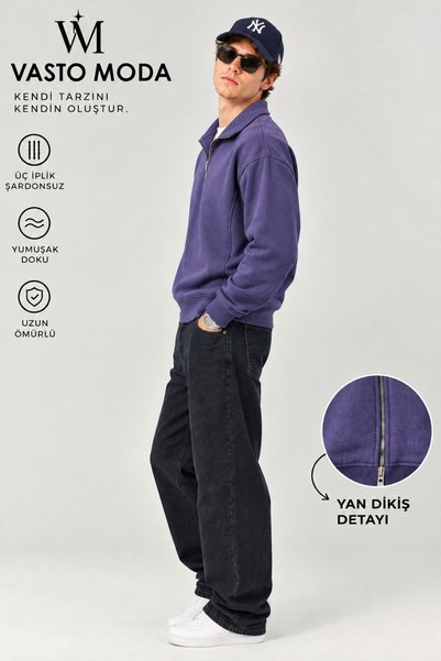 Vasto Moda Erkek Oversize Kalın Dokulu 3 İplik Şardonsuz Kaşkorse Bisiklet Yakalı Basic Yarım Fermuarlı Sweatshirt