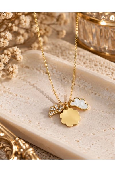 Nilove Concept Aksesuar Gold Color Three Figured and Stone Detailed Elegant Women's Necklace