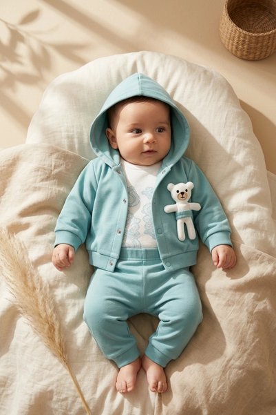 Babyim Green Hooded Teddy Bear Detailed 3-Piece Baby Set - 100% Cotton Cardig...