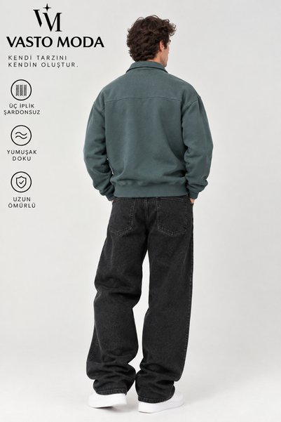 Vasto Moda Erkek Oversize Kalın Dokulu 3 İplik Şardonsuz Kaşkorse Bisiklet Yakalı Basic Yarım Fermuarlı Sweatshirt