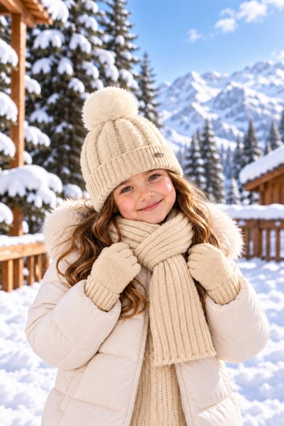 minik'o kids KİTTİ 26170-03 SET Eșarfă, Căciulă și Mănuși pentru Fete 4-8 Ani