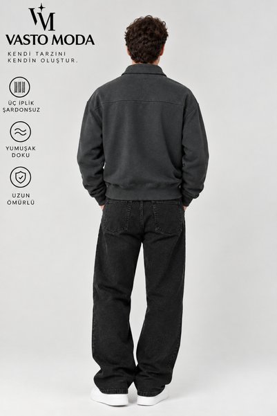Vasto Moda Erkek Oversize Kalın Dokulu 3 İplik Şardonsuz Kaşkorse Bisiklet Yakalı Basic Yarım Fermuarlı Sweatshirt