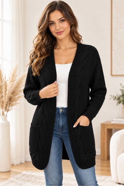 AQE FASHION Kadın Kapamasız Uzun Kollu Ön Arka V Yaka Çift Cepli Dokuma Detay...