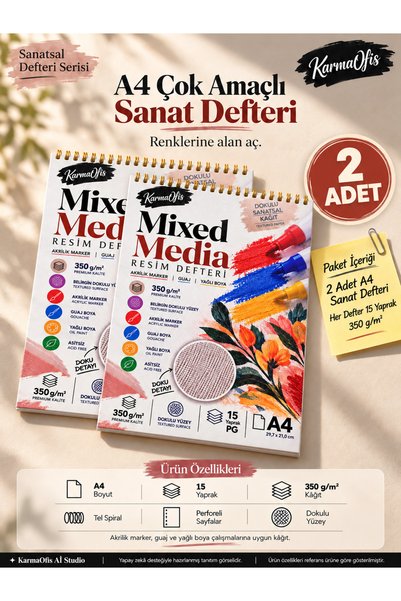 KarmaOfis A4 Mixed Media Resim Defteri 350 gr Dokulu Kâğıt 15 Yaprak Spiralli Perforeli | Akrilik Marker | Guaj Boya | Yağlı Boya | 2 Adet