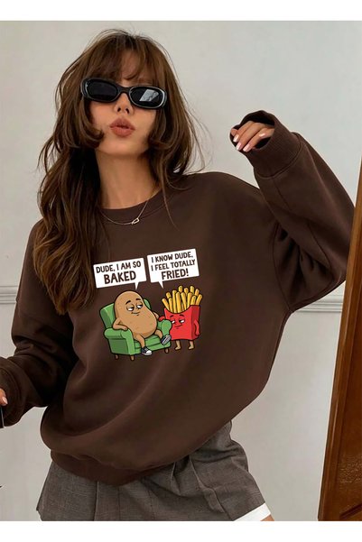 SUNFREE ΔΙΑΣΚΕΔΑΣΤΙΚΟ ΣΧΕΔΙΟ Τυπωμένο Oversize Unisex Βασικό Καφέ Φούτερ