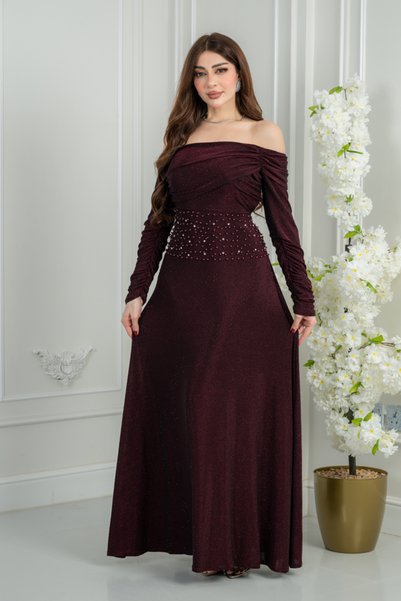 Velora Dresses Shiny Burgundy Evening Dress with Off-Shoulder Design