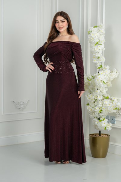 Velora Dresses Shiny Burgundy Evening Dress with Off-Shoulder Design