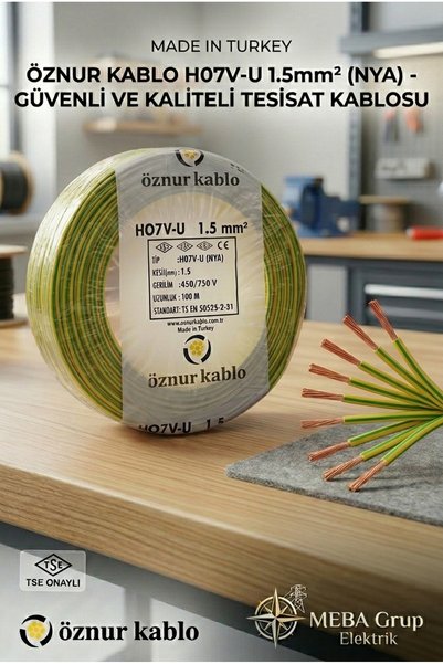 ÖZNUR 1.5 mm² NYA Tek Damar Kablo Yeşil-Sarı (100 Metre)