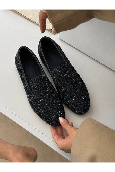 Hepsi Moda Premium Crystal Stone Suede Ballerinas - 032 - 12 - 03 - Black