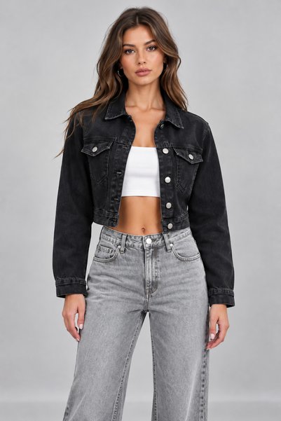 OnPelin jeans جاكيت جينز قصير أسود عصري بقصة ضيقة/قصيرة على طراز بوي فريند