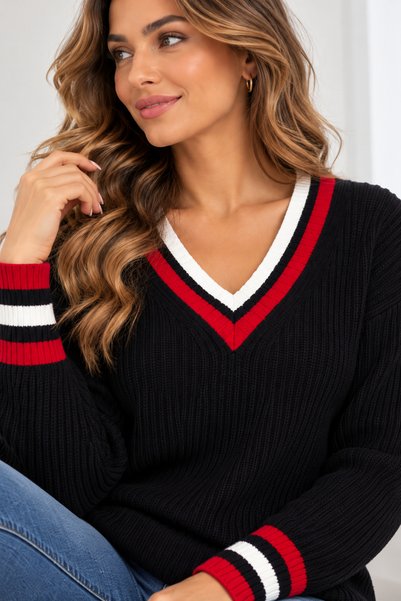 EMR Online Women's V-Neck Knitwear Sweater Black Red White Striped Detailed Long Sleeve Knitted Sweater