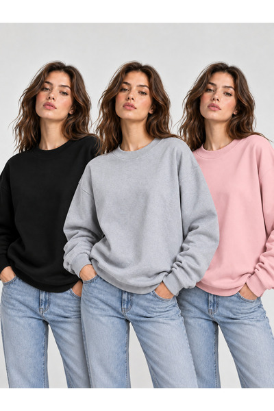 POLYMOOD 3'Lü Set İçi Polarlı Kışlık Kalın Pamuk Penye Oversize 3 İplik Şardo...