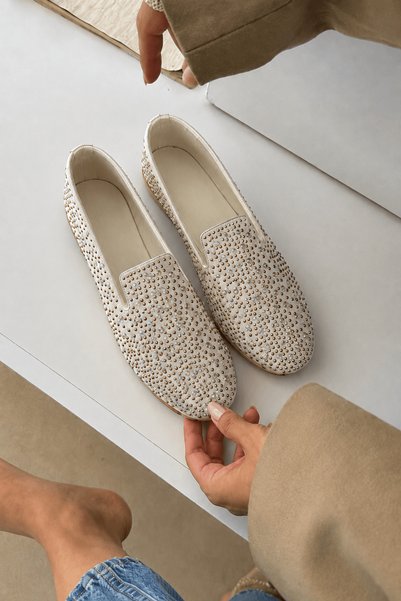 Hepsi Moda Premium Crystal Stone Suede Ballerinas - 032 - 12 - 03 - Beige