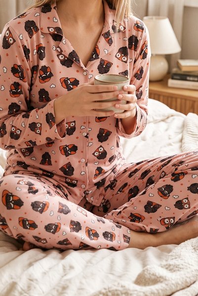 Genel Markalar Kadın Pamuklu Uzun Kollu Pijama Takımı Rahat Kesim Ev Giyim Loungewear