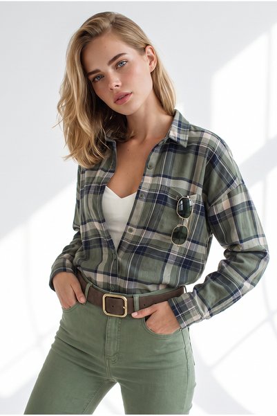 Olalook Kadın Haki Lacivert Kalın Ekose Loose Fit Gömlek GML-19001464