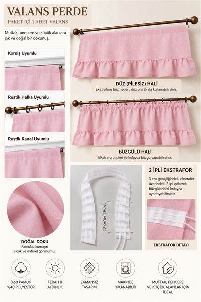 cotton maison Naturel Country Farbela Valans Perde – Büzgülü Country Perde