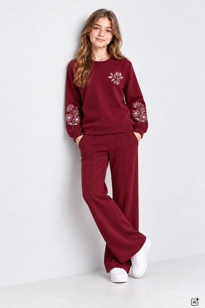 CansınMini Burgundy Girls' Wide Leg Tracksuit Set with Floral Embroidery on Sleeves, 3 Yarns, Embroidered, Wide Leg, 25007