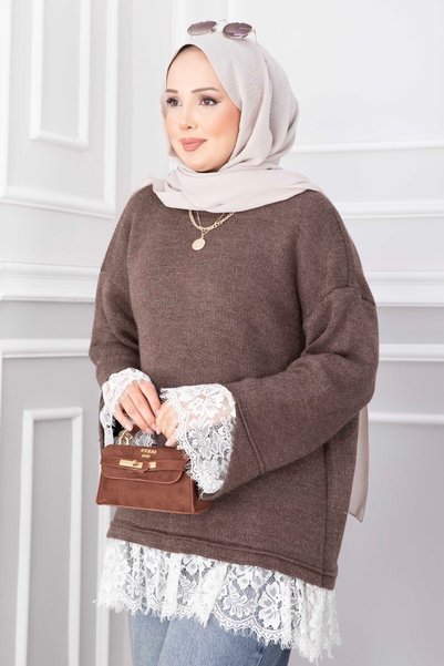 EBRUTESETTÜR Sleeveless Skirt with Lace Trim Knitwear Sweater Brown