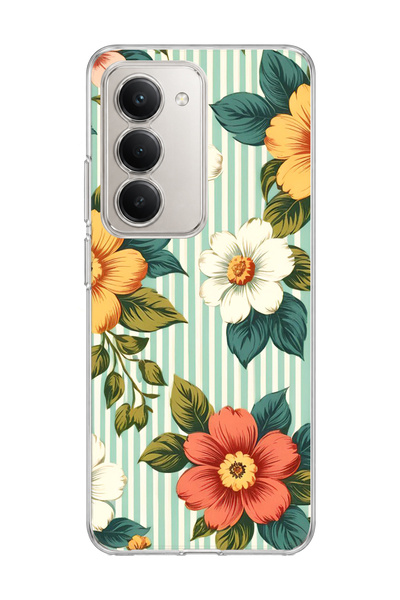 lelia Redmi 15 Compatible Retro Striped Floral Printed Transparent Phone Case