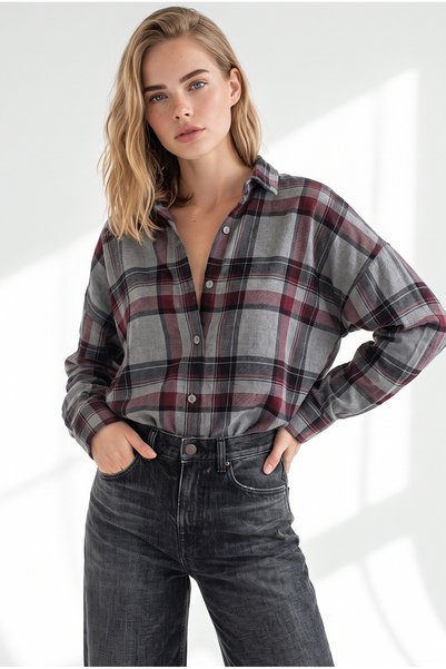 Olalook Kadın Gri Bordo Kalın Ekose Loose Fit Gömlek GML-19001464