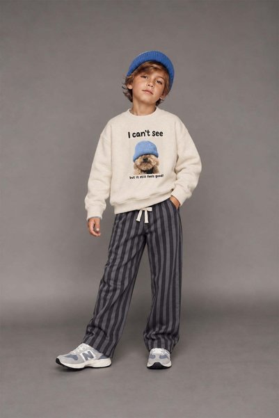 Monila Boys' 3-Yarn Cotton Dog Printed Sweatshirt and Striped Bottom Top Set