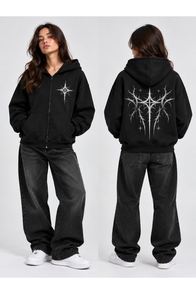 Dupe Design Unisex Dark Gothic Star Pattern Oversize Zipper Hoodie