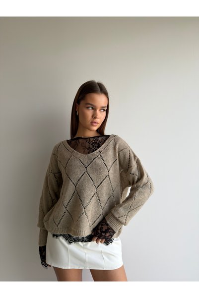 KENZA'A TRİKO Lace Detachable V-Neck Openwork Sweater