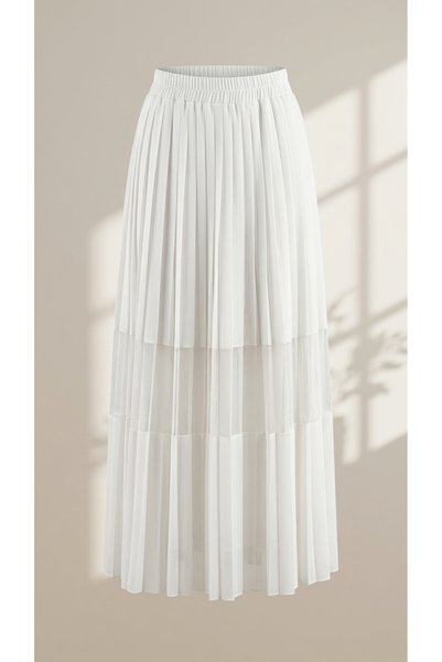 DAWN LİNE Women's Ecru Pleated Stripe Openwork Long Skirt - Lined Perforated Texture Stripe Maxi Skirt