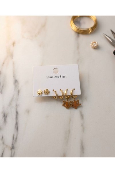 HOŞGÖR ACCESSORIES 6-Piece Octopus Stone Orange Detailed Steel Earrings
