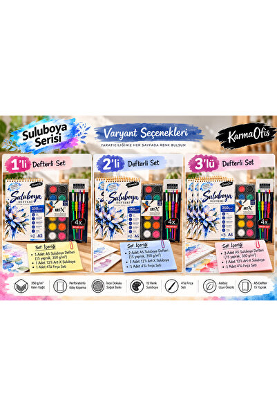 KarmaOfis A5 Suluboya Resim Seti – 12'li Art-X Suluboya Boya, 350 Gr Spiralli Suluboya Defteri ve 4'lü Fırça Seti – 1 Defter Seçenekli