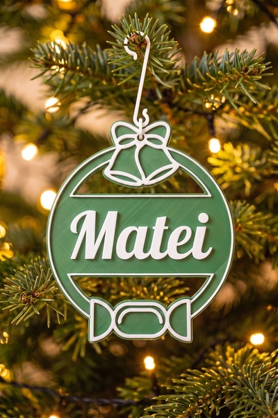 OEM Glob Craciun Personalizat Matei - Ornament Brad Plat Verde Brad cu Carlig