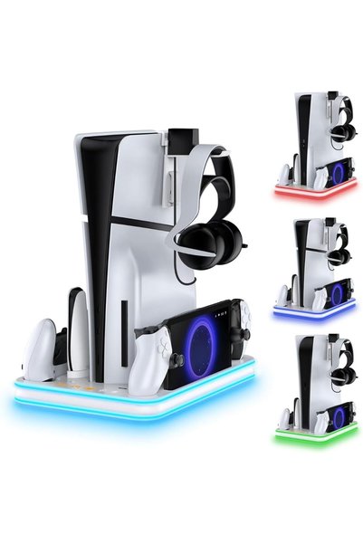 ZONEY حامل ومحطة تبريد لجهاز PS5 Slim مع إضاءة RGB LED ومحطة شحن لوحدات التحك...